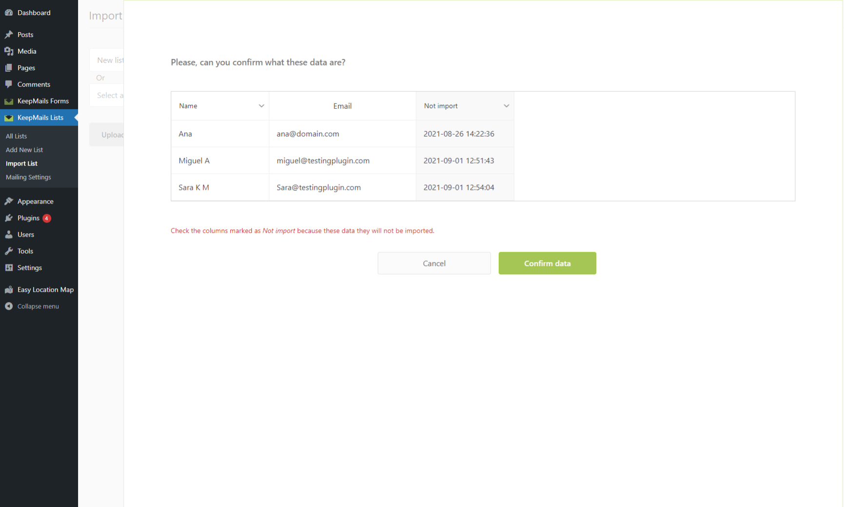 Importing mailing list data in wordpress from CSV using keepmails plugin