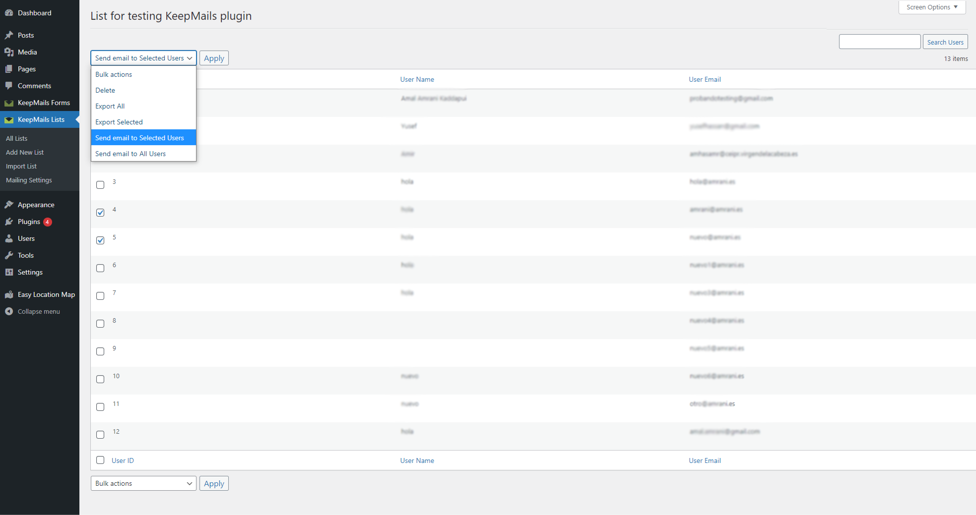 Selected users from Mailing list in wordpress to send bulk mailing